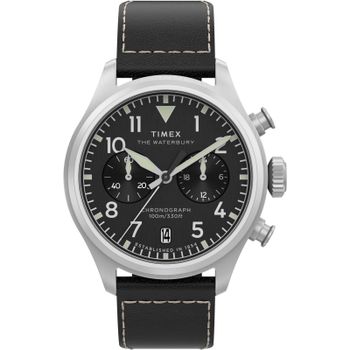 Timex Reloj Hombre Caja De Acero Pulsera Genuine Leather De Color Negro Resistente Al Agua 10 Atm Tw2y19000