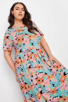Yours Vestido Naranja Y Azul Floral Retro Con Cintura Alta, Mujer Curvy Y Tallas Grandes, Yours