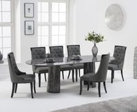 sutton 260cm table grey marble with angelica chairs - cream 6 chairs