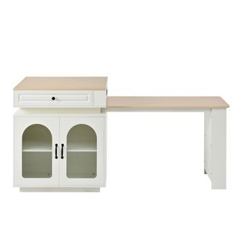Mesa De Cocina Extensible Blanca Con Ruedas, Led Y Carga Usb, 128-200 Cm