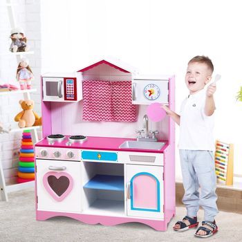 Cocina Infantil Cocina De Juego De Madera Con Fregadero Extraíble Horno Microondas Cocina Infantil Rosa