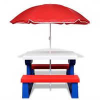 mesa de picnic y bancos para ninos y sombrilla multicolor