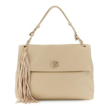 bolso de hombro con solapa efecto piel de grano grueso beige
