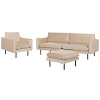 conjunto de sala de estar 3 plazas estilo retro moderno sofa sillon otomana de terciopelo beige patas negras vinterbro