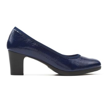 Zapato salón en piel moteada acharolada color azul marino, con tacón. Modelo: Tortuga