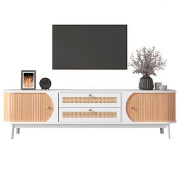 Mueble Para Tv Con Puertas Y Cajones, Soporte Para Tv Con Laterales De Ratán, Blanco