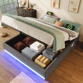 Cama Con Canapé 140 X 200 Cm Sin Cabecero - Tejido De Lino - Led, Usb Y Tomas Tipo C - Gris (sin Colchón)
