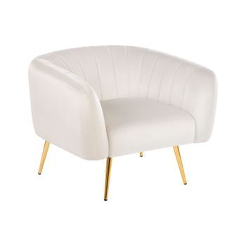 Sillón Moderno Glamuroso Con Respaldo Redondeado Tapizado En Terciopelo Patas Doradas Blanco Crema Laconia