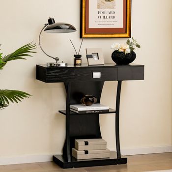 Mesa Consola T Con Cajón Estantes Recibidor Moderna 91x30x88 Cm Negro