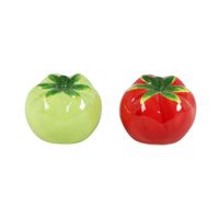 salero y pimentero en forma de tomates de gres rojo y verde