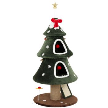 PawHut Árbol Rascador para Gatos 132 cm Diseño Navideño Torre de Felpa con 2 Casitas y Escalera de Sisal Verde   Aosom España