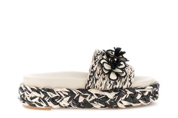 sandalias de cuña con banda de rafia y flores black