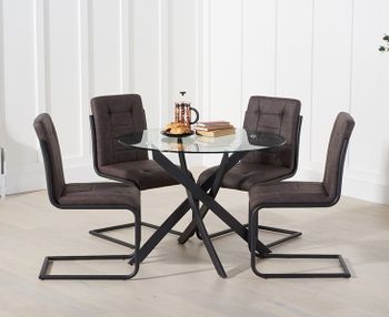 Mara 100cm Round Glass Dining Table with Alexa Dining Chairs - Brown, 4 Chairs