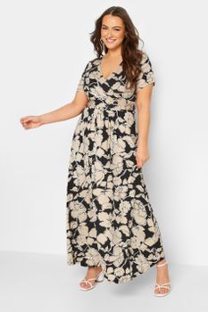 Yours Vestido Largo Negro De Flores Beige Escote Cruzado, Mujer Curvy Y Tallas Grandes, Yours