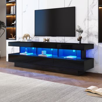 Mueble De Tv De Alta Gama Con Iluminación Led, 3 Estantes De Cristal, Control Mediante App, Bluetooth, Para Televisores De 60-69 Pulgadas