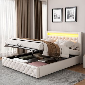 Cama Contenedor Con Cabecero - 160 X 200 Cm - Cuero Pu Y Led - Somier De Láminas - Estilo Contemporáneo - Blanco