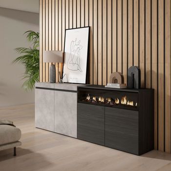Aparador efecto madera cemento 200x35x75cm chimenea efecto fuego