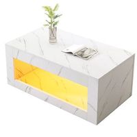 mesa de centro led blanca con efecto marmol alto brillo y almacenamiento abierto