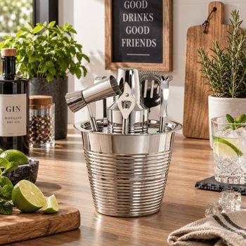 Conjunto de 6 accesorios de cóctel y soporte de inox 22x22x21 cm
