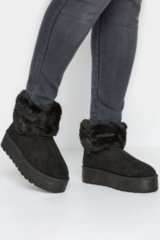 Botas Anchas Negras Con Plataforma Cuello Pelo Sintético
