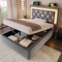 cama individual 90x200 cm  terciopelo gris led diamante usbtype-c cofre hidraulico