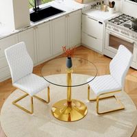 set de mesa y 2 sillas - comedor - cristal y metal - blanco y dorado 85x85x76cm