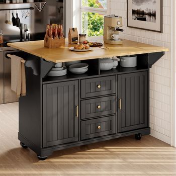 Isla De Cocina Extensible Negra, 120 × 40/80 × 95 Cm, Con Ruedas Y Almacenaje