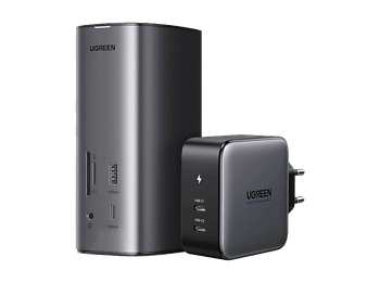 Docking station - Ugreen 90325, 4x USB-A, 3x USB-C ,LAN RJ45, Salida de audio, Lector tarjetas, 1x HDMI, DisplayPort, Gris