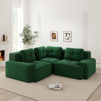 Sofá Esquinero Modular Verde De 3 Plazas, Pana Y Asiento Profundo De 74 Cm