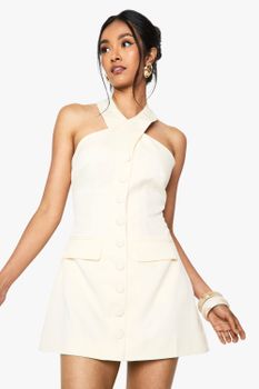 Vestido Mini Entallado Con Escote Halter, Blanco
