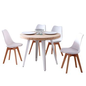 Conjunto De Mesa Extensible Redonda  Con 4 Sillas Estilo Moderno En Color Roble Nordish Y Blanco