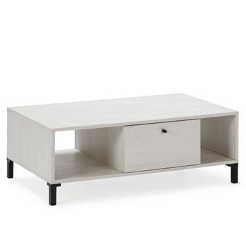 Mesa centro 1 cajón y 2 huecos, color blanco/madera, 100x60x37,5 cm