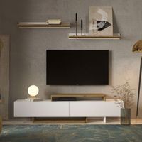 mueble salon opole mueble tv 2 puertas abatibles 2 estantes 2 huecos estilo moderno color blanco y roble claro 180cm