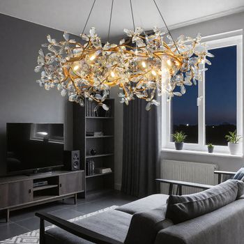 Lámpara de techo moderna 2025, cristal dorado claro para sala de estar, dormitorio, candelabro de flores transparente, luces interiores, decoración del hogar