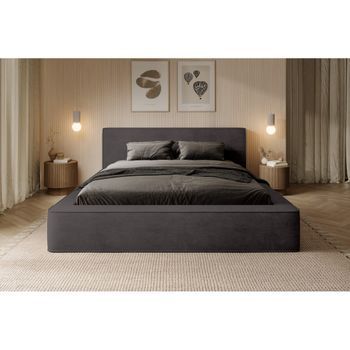 Cama Con Canapé Denali - Gris Antracita - 160x200 Cm - Tela De Terciopelo Suave - Somier Elevable - Almacenamiento Integrado
