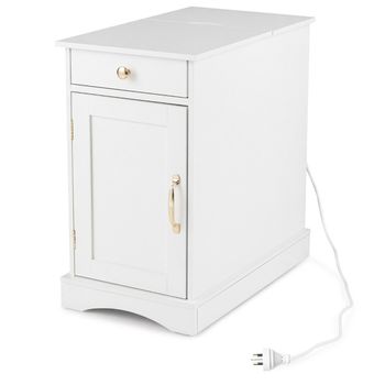 Costway Mesita de Noche con Estación de Carga Mueble de Madera con Cajón Armario y Estante Ajustable para Dormitorio Salón y Sofá Blanco