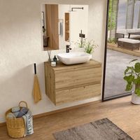 mueble bano suspendido 100 cm roble lavabo y espejo bellobath
