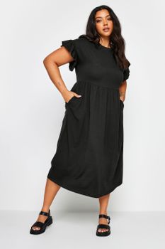 Yours Vestido Algodón Negro Mangas Con Volantes, Mujer Curvy Y Tallas Grandes, Yours