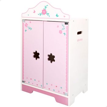 WOOMAX - Armario para ropa de muñecas, color blanco y rosa, armario de madera para muñecas, mide 34x23x55 cm, incluye perchas de juguete, puertas con cierre magnético, juego simbólico, juguetes