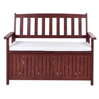banco de jardin con almacenaje de madera maciza de acacia 2 plazas 120 cm rojo oscuro con cojin blanco sovana