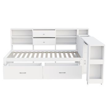 Sofá Cama De Madera 90x200 Cm - Almacenamiento Multifuncional, Estantes, 2 Cajones, Mesa Extensible - Blanco