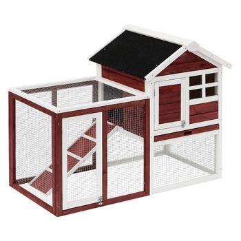 PawHut Conejera de Madera de 2 Niveles para Conejos Mascotas Pequeñas con Zona Abierta Techo Asfáltico 122x62,6x92 cm Madera Rojiza   Aosom España