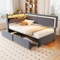 sofa-cama tapizado con iluminacion led y puertos usb 90x200 cm cajon de almacenamiento y cabecero abatible terciopelo gris oscuro