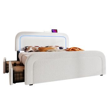 Cama 140x200 Cm Con 2 Cajones Y Cabecero - Usb + Tipo C - Tejido Sherpa - Blanco