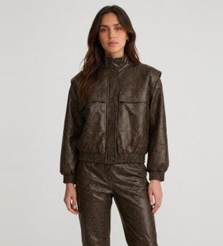 Twinset para mujer. 262TT2280 Chaqueta bómber de efecto piel con estampado de pitón marrón (38), Casual, Poliéster
