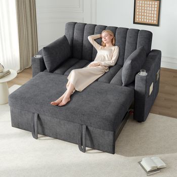 Sofá Cama Multifuncional De 2 Plazas, Respaldo Ajustable, Con Portavasos, Color Gris.
