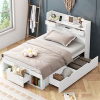 cama infantil 90x190 con cabecero 3 cajones y compartimentos - mdf  contrachapado - puertos usb - blanco colchon no incluido