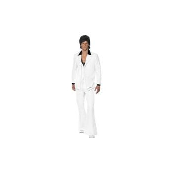 Smiffys Disfraz De Traje De Los 70, Blanco, Chaqueta Con Camisa Postiza, Chaleco Y Pantalones Halloween, Carnaval