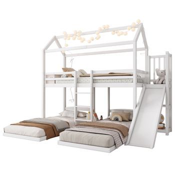Litera - Cama Infantil De 90 X 200 Cm - Con Tobogán - Diseño De Techo Único - Capacidad Para Tres Personas - Color Blanco