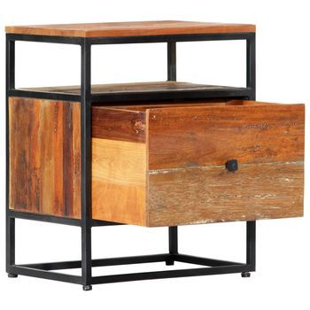 Mesita De Noche | Mesa Auxiliar | Mesilla De Madera Maciza Reciclada Y Acero 40x30x50 Cm
